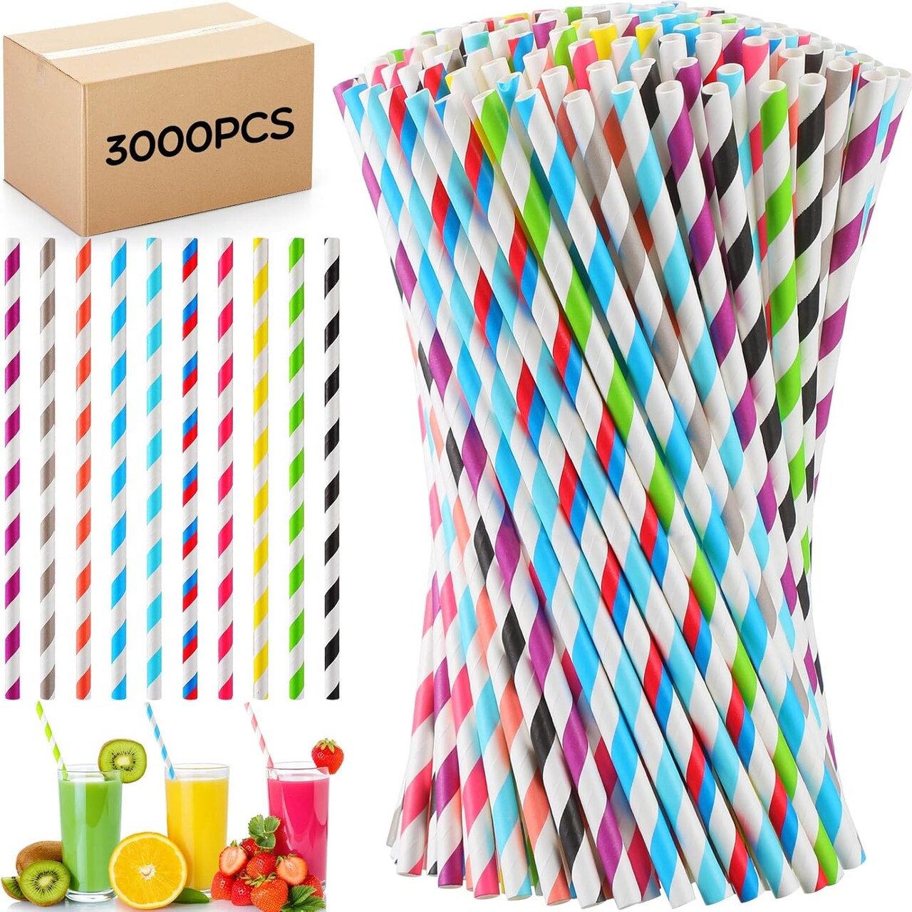 Eaasty 3000 Pcs Colored Paper Straws Bulk Disposable Striped Drinking Paper Straws for Summer Juice, Shakes, Cocktail,7.87 Inches, 0.24'' Diameter